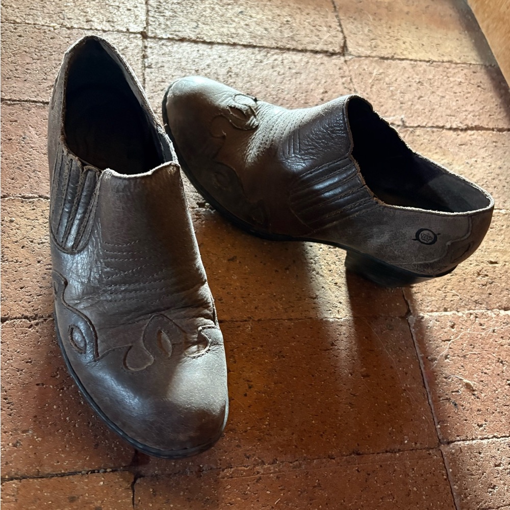 Born Brown Leather Embossed Mules